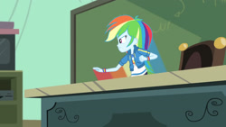Size: 3410x1920 | Tagged: safe, screencap, rainbow dash, equestria girls, g4, happily ever after party, happily ever after party: rainbow dash, my little pony equestria girls: better together, chalkboard, clothes, cutie mark, cutie mark on clothes, female, geode of super speed, hoodie, jewelry, magical geodes, necklace, rainbow trail, solo, television