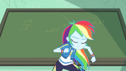 Size: 3410x1920 | Tagged: safe, screencap, rainbow dash, equestria girls, g4, happily ever after party, happily ever after party: rainbow dash, my little pony equestria girls: better together, chalkboard, clothes, cutie mark, cutie mark on clothes, eyes closed, female, geode of super speed, hoodie, jewelry, magical geodes, necklace, solo