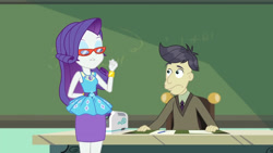 Size: 3410x1920 | Tagged: safe, screencap, cranky doodle donkey, rarity, equestria girls, g4, happily ever after party, happily ever after party: rarity, my little pony equestria girls: better together, bracelet, chalkboard, clothes, cutie mark, cutie mark on clothes, eyes closed, female, geode of shielding, glasses, hairpin, jewelry, lip bite, magical geodes, male, rarity peplum dress, rarity's glasses