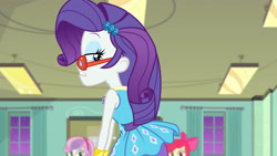 Size: 3410x1920 | Tagged: safe, screencap, apple bloom, rarity, sweetie belle, equestria girls, g4, happily ever after party, happily ever after party: rarity, my little pony equestria girls: better together, apple bloom's bow, bow, bracelet, clothes, cutie mark, cutie mark on clothes, female, geode of shielding, glasses, hair bow, hairpin, jewelry, magical geodes, rarity peplum dress, rarity's glasses