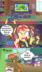 Size: 930x1579 | Tagged: safe, artist:silverbuller, edit, edited screencap, screencap, apple bytes, archer (g4), button mash, scootablue, sunset shimmer, human, equestria girls, g4, game stream, hearts and hooves day (episode), my little pony equestria girls: better together, angry, arcade game, button mash is not amused, captain falcon, comic, f-zero, game & watch, mr. game & watch, rageset shimmer, screencap comic, sunset shimmer frustrated at game, sunset's apartment, super smash bros., super smash bros. ultimate, tell me what you need, unamused