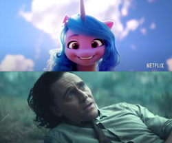 Size: 1915x1596 | Tagged: safe, edit, edited screencap, screencap, izzy moonbow, human, pony, unicorn, g5, my little pony: a new generation, 3d, crossover, cute, grin, hi new friend, irl, irl human, izzybetes, loki, loki (tv series), looking up, marvel, marvel cinematic universe, meme, photo, pov, smiling, spoilers for another series, tom hiddleston