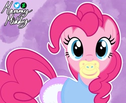 Size: 1708x1391 | Tagged: safe, artist:mommymidday, part of a set, pinkie pie, earth pony, pony, g4, abdl, adult diaper, adult foal, clothes, diaper, diaper fetish, fetish, looking at you, pacifier, poofy diaper, show accurate, simple background, solo, white outline