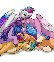 Size: 2943x3351 | Tagged: safe, artist:stormblaze-pegasus, hitch trailblazer, izzy moonbow, pipp petals, sunny starscout, zipp storm, earth pony, pegasus, pony, unicorn, g5, blaze (coat marking), coat markings, cuddle puddle, cuddling, facial markings, female, high res, looking at you, male, mane five, mare, markings, pale belly, pony pile, simple background, smiling, socks (coat markings), stallion, unshorn fetlocks, white background, wings