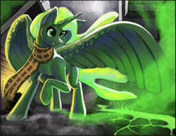 Size: 6006x4641 | Tagged: safe, artist:ultra-smurfmarine, oc, oc:copy cat, alicorn, pony, fallout equestria, alicorn oc, artificial alicorn, barrel, clothes, horn, scarf, wings