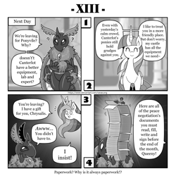 Size: 1200x1200 | Tagged: safe, artist:vavacung, princess celestia, queen chrysalis, twilight sparkle, alicorn, insect, moth, pony, comic:out of chrysalis, g4, comic, female, misspelling, paperwork, species swap, twilight sparkle (alicorn)