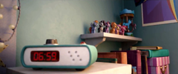 Size: 1920x796 | Tagged: safe, screencap, applejack, fluttershy, pinkie pie, rainbow dash, rarity, twilight sparkle, g5, my little pony: a new generation, 3d, alarm clock, bedroom, clock, mane six, poster, sunny starscout's bedroom, toy