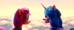 Size: 1920x796 | Tagged: safe, screencap, izzy moonbow, sunny starscout, earth pony, pony, unicorn, g5, my little pony: a new generation, spoiler:my little pony: a new generation, 3d, cloud, female, mare, sky