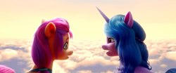 Size: 1920x796 | Tagged: safe, screencap, izzy moonbow, sunny starscout, earth pony, pony, unicorn, g5, my little pony: a new generation, 3d, cloud, female, mare, sky