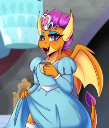 Size: 1500x1750 | Tagged: safe, artist:shadowreindeer, smolder, dragon, g4, clothes, cup, cute, dragoness, dress, eyeshadow, female, jewelry, lipstick, makeup, open mouth, open smile, princess, princess smolder, puffy sleeves, skirt, skirt lift, smiling, smolderbetes, stockings, teacup, thigh highs, tiara