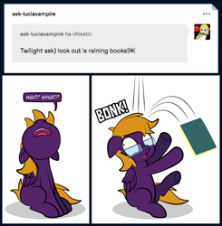 Size: 900x920 | Tagged: safe, artist:alexdti, oc, oc:purple creativity, pegasus, pony, bonk, book, derp, glasses, knocked silly