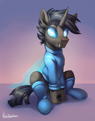 Size: 2360x3000 | Tagged: safe, artist:jedayskayvoker, oc, oc only, oc:rosie clockwork, changeling, changeling oc, clothes, fangs, gradient background, high res, looking at you, male, sitting, socks, solo, stallion, sweater