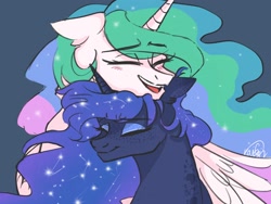Size: 2048x1536 | Tagged: dead source, safe, artist:kaifeather, princess celestia, princess luna, alicorn, pony, adorable face, blushing, cute, eyes closed, female, floppy ears, hug, mare, nuzzling, open mouth, open smile, royal sisters, sibling love, siblings, sisterly love, sisters, smiling