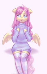 Size: 1916x2988 | Tagged: safe, artist:zefirka, fluttershy, pegasus, semi-anthro, :o, ahoge, blushing, clothes, cute, ear fluff, floppy ears, high res, hoof on chest, hooves on chest, looking at you, no pupils, open mouth, shyabetes, simple background, sitting, socks, solo, spread wings, stockings, stray strand, striped socks, sweater, sweatershy, thigh highs, white background, winged anthro, wings