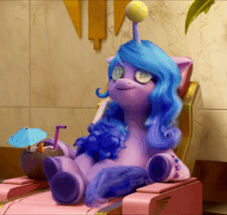 Size: 351x332 | Tagged: safe, screencap, izzy moonbow, pony, unicorn, g5, my little pony: a new generation, spoiler:my little pony: a new generation, animated, ball, coconut cup, cropped, cucumber, female, food, horn, hornball, izzy's tennis ball, mare, massage chair, sitting, solo, tennis ball, underhoof
