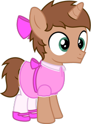 Size: 1747x2378 | Tagged: safe, artist:peternators, oc, oc only, oc:heroic armour, pony, unicorn, g4, bow, clothes, colt, crossdressing, dress, male, mary janes, shoes, simple background, smiling, socks, solo, thigh highs, transparent background