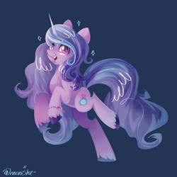 Size: 3000x3000 | Tagged: safe, artist:neonishe, izzy moonbow, pony, unicorn, g5, my little pony: a new generation, blue background, bracelet, female, high res, jewelry, looking at you, mare, open mouth, signature, simple background, solo, sparkles, unshorn fetlocks