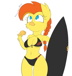 Size: 1080x1150 | Tagged: safe, artist:fajnyziomal, oc, oc only, oc:goldenflow, classical hippogriff, hippogriff, anthro, bikini, breasts, busty oc, cheek fluff, clothes, female, hippogriff oc, simple background, solo, surfboard, swimsuit, white background
