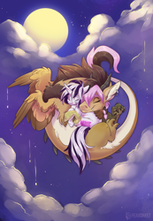 Size: 2160x3115 | Tagged: safe, artist:kez, oc, oc:ira, oc:yiazmat, draconequus, pony, unicorn, couple, draconequus oc, female, high res, horn, male, moon, night, ship:irazmat, shipping, sky, snuggling, tail, unicorn oc, wings