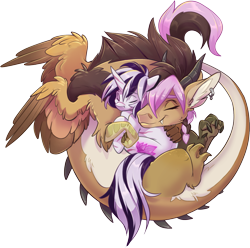 Size: 1825x1808 | Tagged: safe, artist:kez, oc, oc:ira, oc:yiazmat, draconequus, pony, unicorn, couple, draconequus oc, female, horn, horns, male, ship:irazmat, shipping, simple background, snuggling, transparent background, unicorn oc, wings