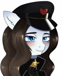 Size: 1723x2092 | Tagged: safe, artist:vaiola, oc, oc only, oc:chocolate fudge, earth pony, pony, bdsm, blushing, bust, clothes, collar, commission, embarrassed, fetish, floppy ears, fluffy, hat, heart, latex, latex suit, military uniform, pet play, portrait, sexy, simple background, smiling, solo, spiked collar, uniform, uniform hat