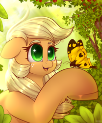 Size: 2500x3000 | Tagged: safe, artist:redvais, applejack, butterfly, earth pony, pony, g4, female, floppy ears, high res, mare, open mouth, open smile, smiling, solo, starry eyes, wingding eyes