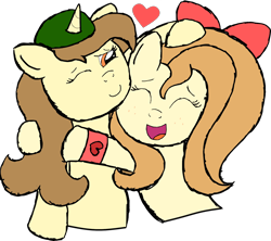 Size: 1700x1511 | Tagged: safe, artist:sparkfler85, derpibooru exclusive, oc, oc only, oc:flani bainilye, oc:hymyt, earth pony, pony, unicorn, bow, bracelet, female, freckles, hat, heart, hug, jewelry, mare, simple background, transparent background