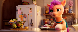 Size: 1920x795 | Tagged: safe, screencap, sunny starscout, earth pony, pony, g5, my little pony: a new generation, spoiler:my little pony: a new generation, 3d, apple, book, female, food, kitchen, refrigerator, solo