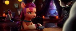 Size: 1920x795 | Tagged: safe, screencap, sunny starscout, earth pony, pony, g5, my little pony: a new generation, 3d, crystal tea room, cup, fake horn, female, sunny starscout is not amused, teacup, unamused