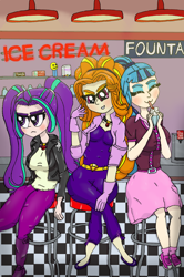Size: 2300x3464 | Tagged: safe, artist:ewrrfb, adagio dazzle, aria blaze, sonata dusk, human, equestria girls, g4, 50's fashion, 50s, boots, candy, clothes, coca-cola, counter, diner, drinking, drinking straw, food, gloves, high res, jacket, jewelry, leather jacket, neon, neon sign, pendant, pez dispenser, poodle skirt, shoes, skirt, smoothie, stool, straw, straw in mouth, text