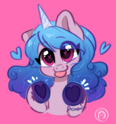Size: 1061x1129 | Tagged: safe, artist:oofycolorful, izzy moonbow, pony, unicorn, g5, :p, bust, cute, female, heart, heart eyes, hoof heart, izzybetes, mare, one ear down, pink background, simple background, solo, tongue out, underhoof, upside-down hoof heart, wingding eyes