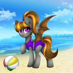 Size: 2000x2000 | Tagged: safe, alternate version, artist:splashofsweet, oc, oc only, oc:mythic dawn, bat pony, bat pony oc, beach, beach babe, beach ball, bikini, clothes, commission, complex background, frog (hoof), hair tie, high res, looking at you, midriff, open mouth, ponytail, purple eyes, smiling, smiling at you, swimsuit, tankini, underhoof, wings, ych result