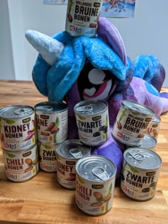 Size: 3024x4032 | Tagged: safe, izzy moonbow, g5, my little pony: a new generation, beans, canned food, cans, dutch, food, heart eyes, herbivore, irl, izzy's beans, photo, plushie, poster, that pony sure does love beans, wingding eyes