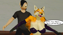 Size: 2560x1440 | Tagged: safe, artist:mr-wolfapex, oc, oc only, oc:kurt marek (electro-crit), dog, anthro, 3d, angry, dialogue, furry, overprotective, protecting, red eyes