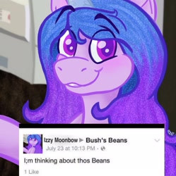 Size: 2327x2337 | Tagged: safe, artist:orky, izzy moonbow, pony, unicorn, g5, my little pony: a new generation, spoiler:g5, beans, food, high res, i;m thinking about thos beans, izzy's beans, looking at you, meme, smiling, smiling at you, solo, that pony sure does love beans