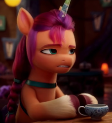 Size: 722x794 | Tagged: safe, screencap, sunny starscout, earth pony, pony, g5, my little pony: a new generation, 3d, cropped, crystal tea room, fake horn, female, mare, solo, square, sunny starscout is not amused, unamused