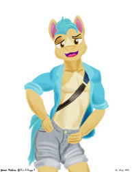 Size: 1100x1400 | Tagged: safe, artist:rockhoppr3, hitch trailblazer, earth pony, anthro, g5, my little pony: a new generation, clothes, daisy dukes, looking at you, male, shirt, shorts, solo, stallion, stupid sexy hitch trailblazer