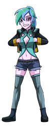 Size: 1288x3000 | Tagged: safe, artist:artemis-polara, summer solstice (g4), equestria girls, g4, belly button, belt, breasts, cleavage, clothes, female, jacket, shirt, shoes, shorts, simple background, smiling, socks, solo, thigh highs, transparent background