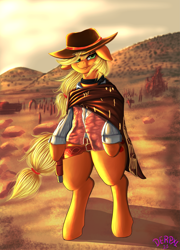 Size: 3245x4500 | Tagged: safe, artist:derpx1, applejack, earth pony, semi-anthro, g4, arm hooves, bipedal, clint eastwood, clothes, female, solo, the good the bad and the ugly, the man with no name, western