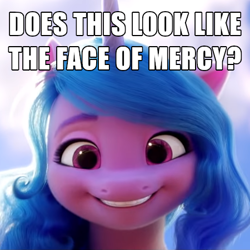Size: 450x450 | Tagged: safe, edit, edited screencap, screencap, izzy moonbow, pony, unicorn, g5, my little pony: a new generation, spoiler:g5, spoiler:my little pony: a new generation, 3d, caption, cute, face of mercy, grin, image macro, izzybetes, meme, smiling, teeth, text