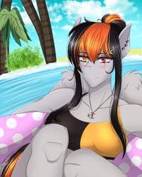Size: 4000x5000 | Tagged: safe, artist:carbutt69, oc, oc:cannon car, pegasus, anthro, anthro oc, beach, blue sky, blushing, bun hairstyle, clothes, cloud, ear piercing, earring, female, hairpin, heterochromia, jewelry, mare, moon, necklace, ocean, palm tree, pegasus oc, piercing, sand, scar, smiling, swimsuit, tree