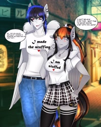 Size: 3245x4096 | Tagged: safe, artist:carbutt69, oc, oc only, oc:cannon car, pegasus, anthro, anthro oc, belt, blushing, clothes, dialogue, female, hand in pocket, hand on hip, heterochromia, jeans, kneesocks, male, mare, oc couple, pants, pegasus oc, piercing, red eyes, scar, skirt, socks, stallion, straight, striped socks, thigh highs, walking, white shirt