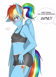 Size: 2990x4096 | Tagged: safe, artist:carbutt69, rainbow dash, pegasus, anthro, g4, adorasexy, belly button, blushing, breasts, clothes, cute, cutie mark, dashabetes, delicious flat chest, dialogue, floppy ears, gym shorts, gym uniform, hip, i'm not cute, midriff, multicolored hair, one ear down, ponytail, purple eyes, rainbow flat, rainbow hair, rainbow tail, rainbutt dash, sexy, shorts, simple background, small breasts, sports bra, sports shorts, thighs, tomboy, tsunderainbow, tsundere, workout outfit