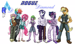 Size: 2636x1531 | Tagged: safe, artist:urhangrzerg, applejack, fluttershy, pinkie pie, rainbow dash, rarity, spike, twilight sparkle, anthro, comic:rogue diamond, g4, applejack (male), applejacked, barb, blushing, boots, bubble berry, butterscotch, cane, clothes, combat boots, computer, dusk shine, elusive, eyepatch, feet, female, glasses, jeans, laptop computer, male, male feet, male six, mane seven, mane six, muscles, pants, rainbow blitz, rainbuff blitz, rainbuff dash, ripped jeans, ripped pants, rule 63, sandals, ship:barlusive, ship:sparity, shipping, shoes, shorts, slippers, straight, suspenders, toes, torn clothes