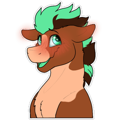 Size: 512x512 | Tagged: safe, artist:sursiq, oc, oc only, oc:sagebrush, earth pony, pony, blushing, coat markings, earth pony oc, eyebrows, eyebrows visible through hair, floppy ears, green eyes, green tongue, looking up, male, multicolored hair, multicolored mane, open mouth, paint, pinto, shiny eyes, solo, sticker, telegram sticker, transgender