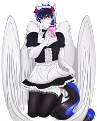 Size: 3277x4096 | Tagged: safe, artist:carbutt69, oc, oc only, pegasus, anthro, anthro oc, apron, blushing, bow, clothes, crossdressing, femboy, flower, high res, kneesocks, lace, maid, male, multicolored hair, pegasus oc, phone, red eyes, rose, selfie, short mane, simple background, socks, solo, stallion, thigh highs, white apron, white background