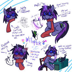 Size: 1200x1200 | Tagged: safe, artist:wiloptik, oc, oc:wiloptik, pony, unicorn, clothes, goggles, ponysona, reference sheet, scarf, text