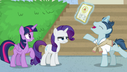 Size: 1920x1080 | Tagged: safe, screencap, polo play, rarity, twilight sparkle, alicorn, pony, unicorn, friendship university, g4, female, las pegasus resident, levitation, magic, male, mare, rarity is not amused, stallion, telekinesis, twilight sparkle (alicorn), unamused