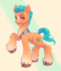 Size: 1762x2048 | Tagged: safe, artist:p0nyplanet, hitch trailblazer, earth pony, pony, g5, blaze (coat marking), coat markings, cute, facial markings, hitchbetes, hoof fluff, male, markings, raised hoof, sash, smiling, socks (coat markings), solo, stallion, unshorn fetlocks