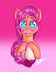 Size: 2669x3441 | Tagged: safe, artist:strawberrygears, sunny starscout, earth pony, pony, g5, blushing, braid, coat markings, cute, eyelashes, female, gradient background, high res, looking at you, mare, open mouth, raised hoof, signature, smiling, socks (coat markings), solo, sunnybetes, unshorn fetlocks